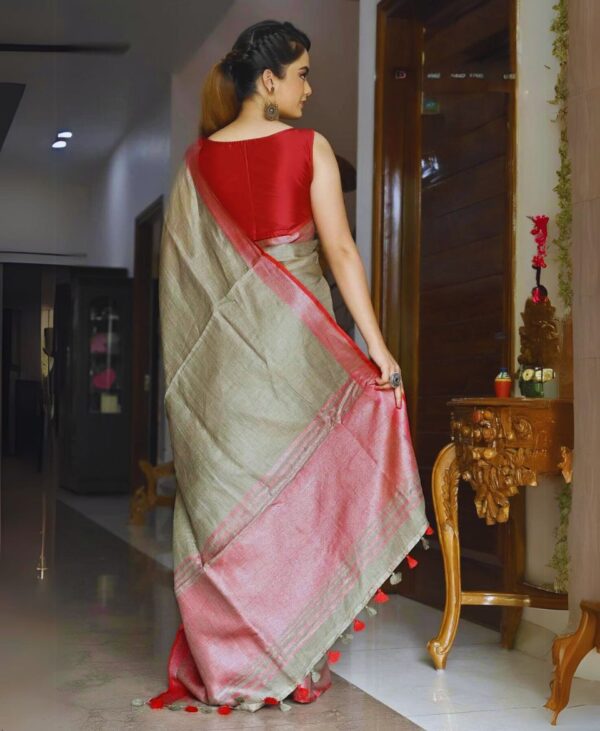 Marsh Green Pure linen Handloom Saree Red Border Top no.1