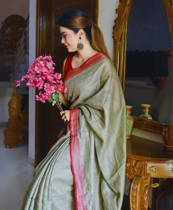 Marsh Green Pure linen Handloom Saree Red Border Top no.1