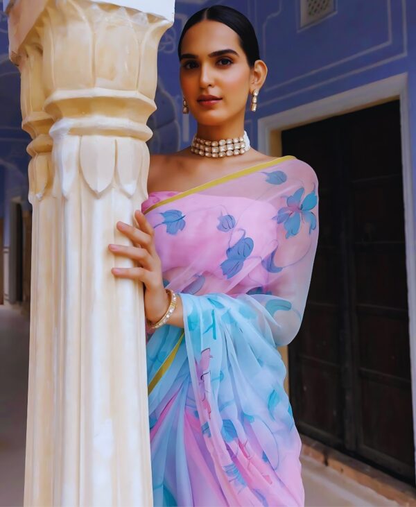 Sky Blue-Pink Pattern Hand Painted Floral Chiffon Saree