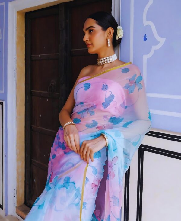 Sky Blue-Pink Pattern Hand Painted Floral Chiffon Saree