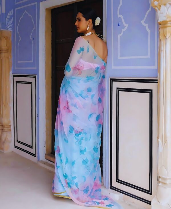 Sky Blue-Pink Pattern Hand Painted Floral Chiffon Saree