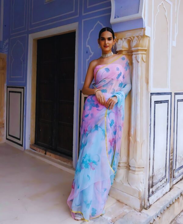 Sky Blue-Pink Pattern Hand Painted Floral Chiffon Saree