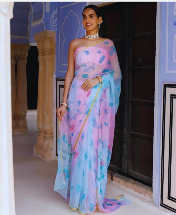 Sky Blue-Pink Pattern Hand Painted Floral Chiffon Saree