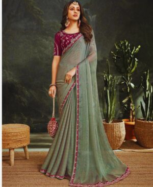 Buy Marsh Green Diamond Pink Zari Border Chiffon Saree