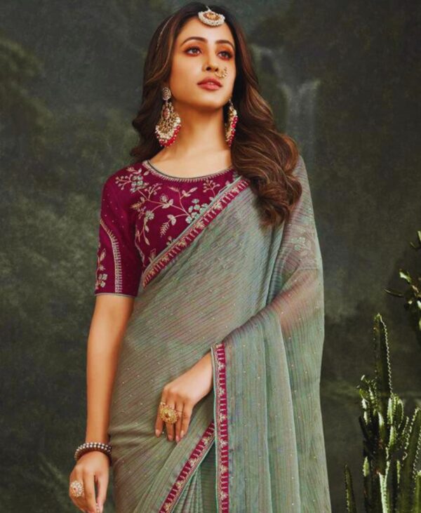 Buy Marsh Green Diamond Pink Zari Border Chiffon Saree