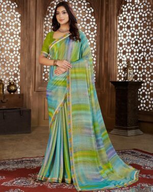 Green Rainbow Chiffon Brasso Saree Fancy Border No.1 Quality