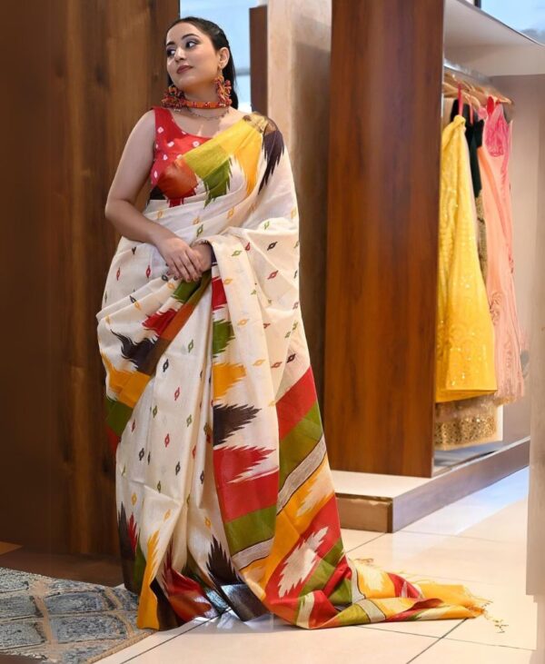 Cream Multi Color Silk Sambalpuri Handloom Saree