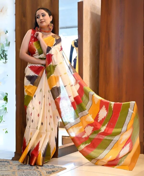 Cream Multi Color Silk Sambalpuri Handloom Saree