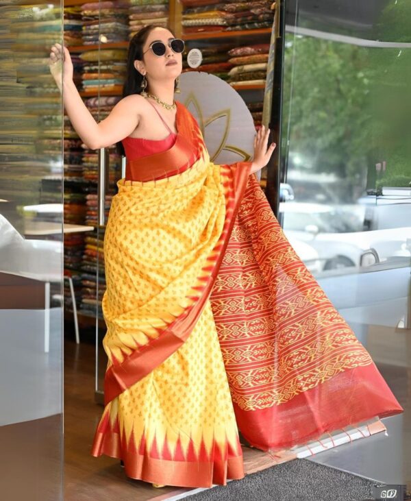 Sunny Yellow Rust Red Sambalpuri Silk Saree Handloom No.1