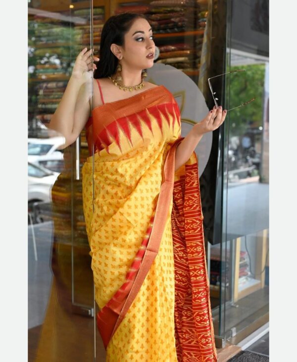 Sunny Yellow Rust Red Sambalpuri Silk Saree Handloom No.1