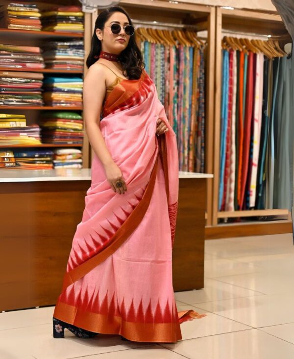 Pink Red Sambalpuri Saree Temple Border