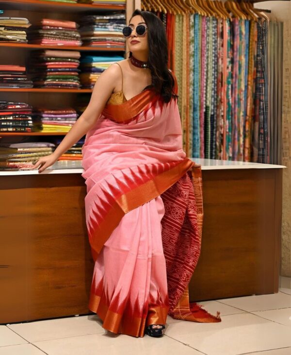 Pink Red Sambalpuri Saree Temple Border