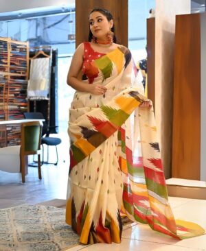 Cream Multi Color Silk Sambalpuri Handloom Saree